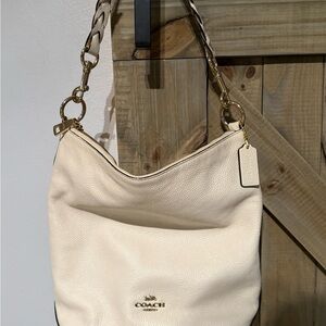 COACH Ivory Pebbled Leather Hobo Shoulder Bag with Crossbody Strap